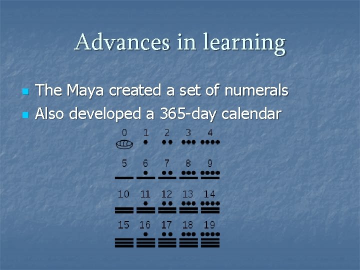 Advances in learning n n The Maya created a set of numerals Also developed