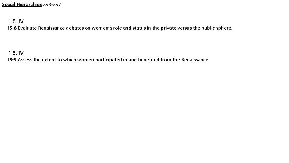 Social Hierarchies 393 -397 1. 5. IV IS-6 Evaluate Renaissance debates on women’s role