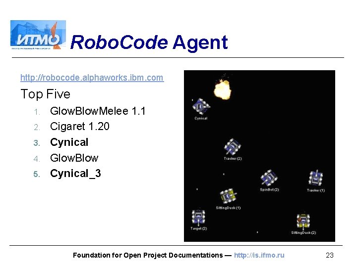 Robo. Code Agent http: //robocode. alphaworks. ibm. com Top Five 1. 2. 3. 4.