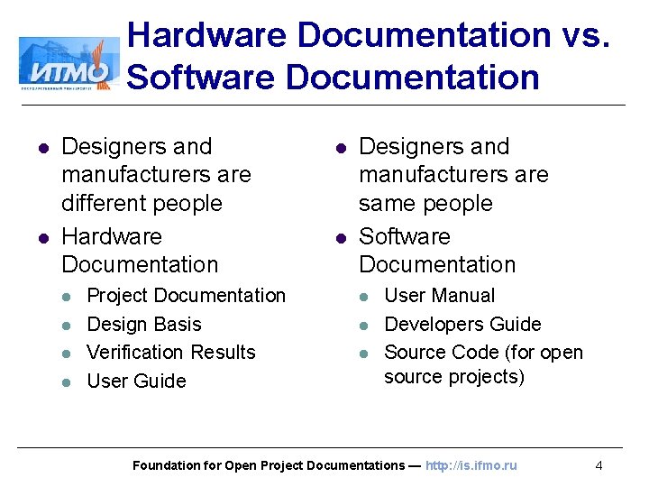 Hardware Documentation vs. Software Documentation l l Designers and manufacturers are different people Hardware