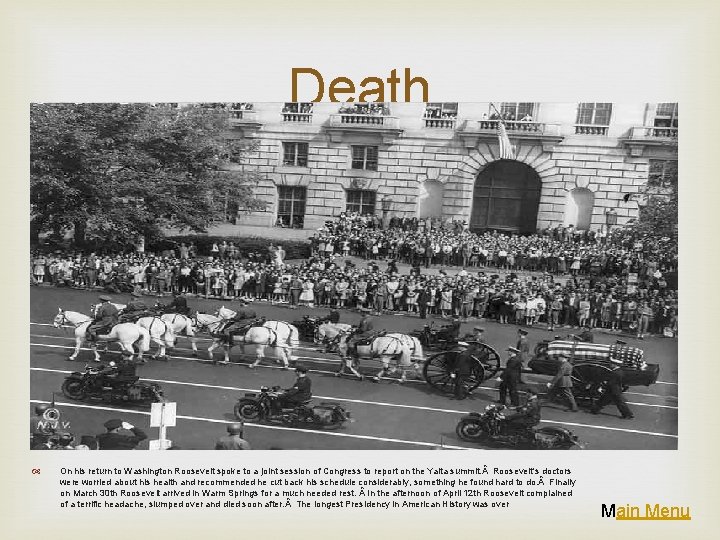 Death On his return to Washington Roosevelt spoke to a joint session of Congress