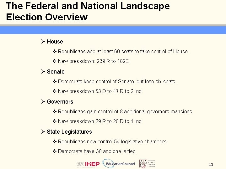 The Federal and National Landscape Election Overview Ø House v Republicans add at least