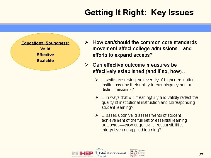 Getting It Right: Key Issues Educational Soundness: Valid Effective Scalable Ø How can/should the