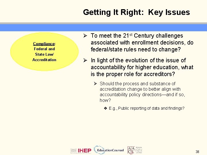 Getting It Right: Key Issues Compliance: Federal and State Law/ Accreditation Ø To meet