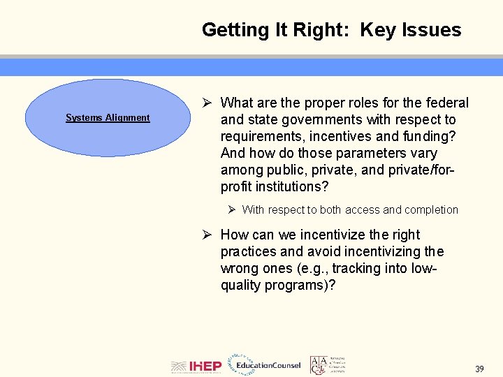 Getting It Right: Key Issues Systems Alignment Ø What are the proper roles for