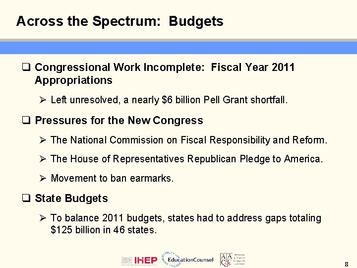 Across the Spectrum: Budgets q Congressional Work Incomplete: Fiscal Year 2011 Appropriations Ø Left