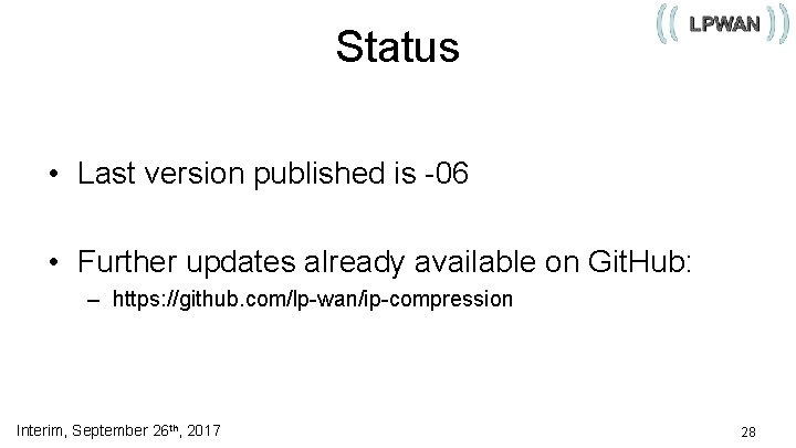 Status • Last version published is -06 • Further updates already available on Git.