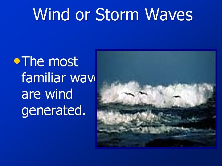 Wind or Storm Waves • The most familiar waves are wind generated. 