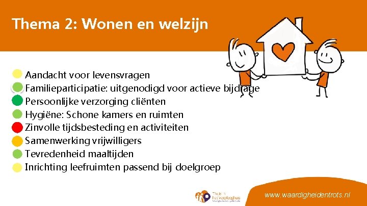 Thema 2: Wonen en welzijn • • Aandacht voor levensvragen Familieparticipatie: uitgenodigd voor actieve