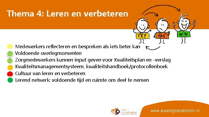 Thema 4: Leren en verbeteren • • • Medewerkers reflecteren en bespreken als iets