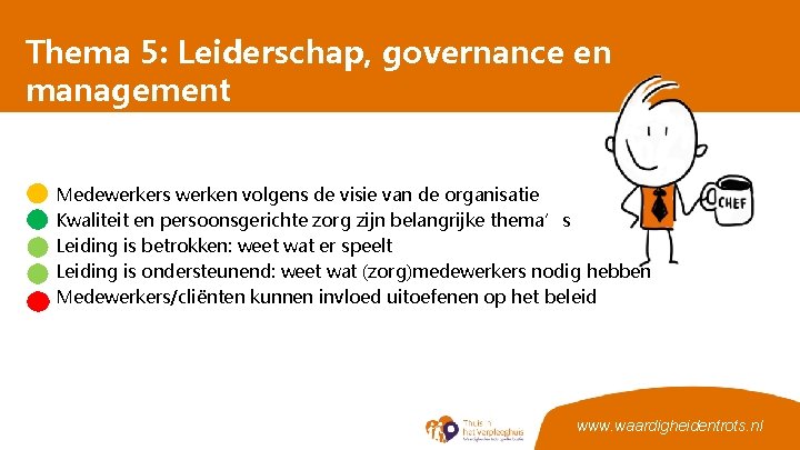 Thema 5: Leiderschap, governance en management • • • Medewerkers werken volgens de visie