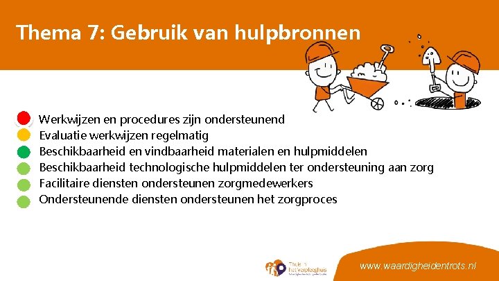 Thema 7: Gebruik van hulpbronnen • • • Werkwijzen en procedures zijn ondersteunend Evaluatie