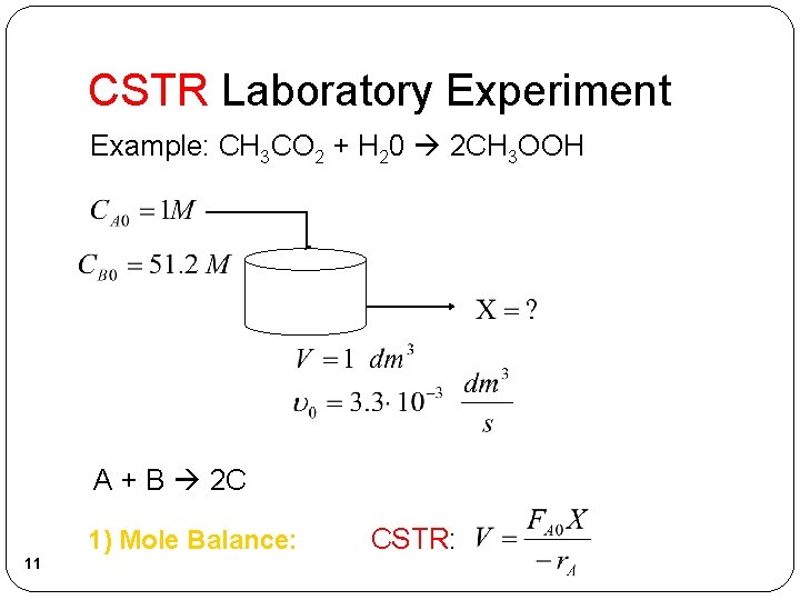CSTR Laboratory Experiment Example: CH 3 CO 2 + H 20 2 CH 3