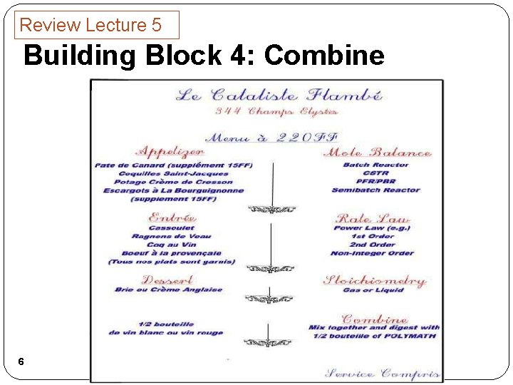 Review Lecture 5 Building Block 4: Combine 6 
