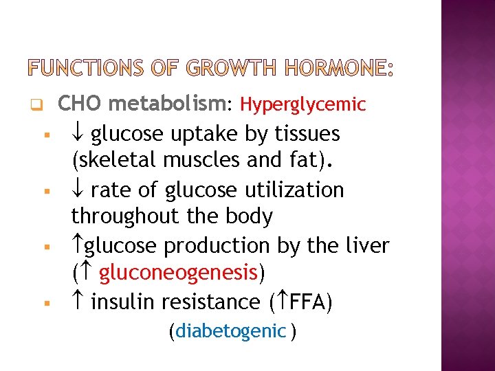 q § § CHO metabolism: Hyperglycemic glucose uptake by tissues (skeletal muscles and fat).