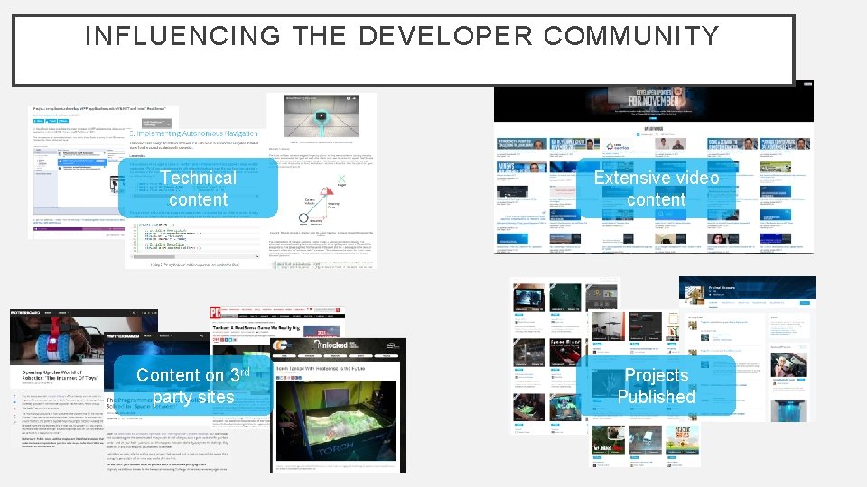 INFLUENCING THE DEVELOPER COMMUNITY Technical content Extensive video content Content on 3 rd party