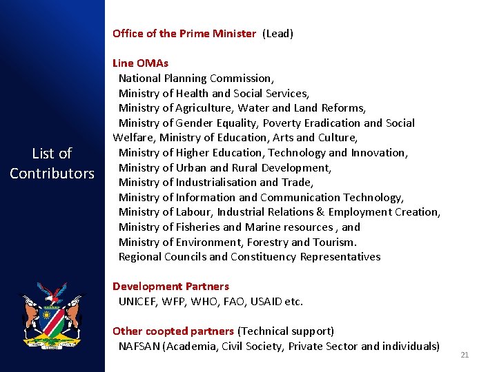 Office of the Prime Minister (Lead) List of Contributors Line OMAs National Planning Commission,