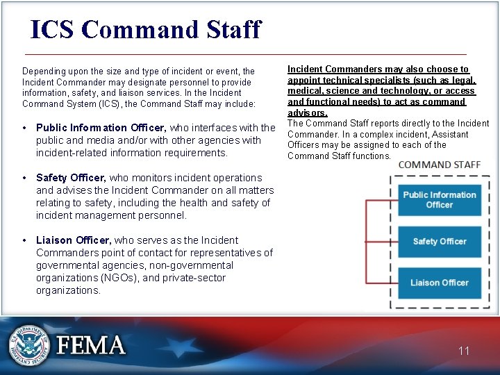 ICS Command Staff Depending upon the size and type of incident or event, the