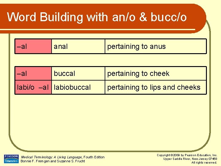 Word Building with an/o & bucc/o –al anal pertaining to anus –al buccal pertaining