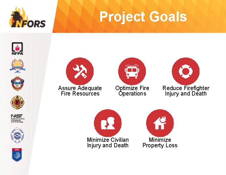 Project Goals Assure Adequate Fire Resources Optimize Fire Operations Minimize Civilian Injury and Death