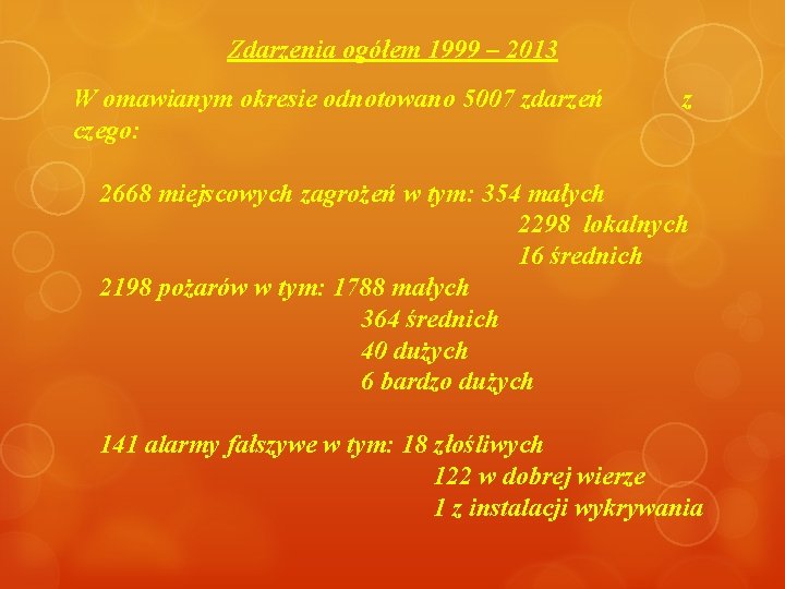 Zdarzenia ogółem 1999 – 2013 W omawianym okresie odnotowano 5007 zdarzeń czego: z 2668