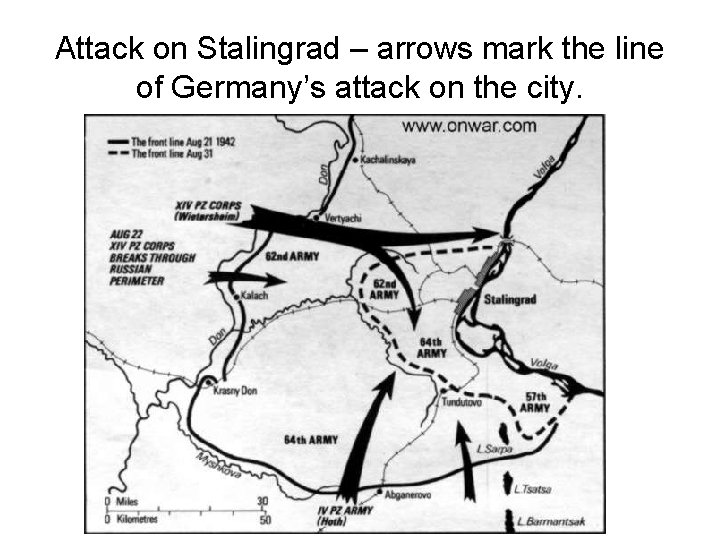 Attack on Stalingrad – arrows mark the line of Germany’s attack on the city.