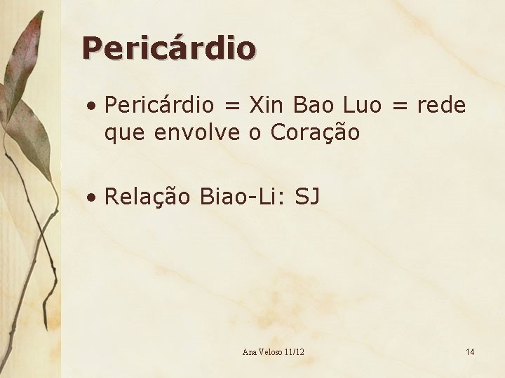 Pericárdio • Pericárdio = Xin Bao Luo = rede que envolve o Coração •