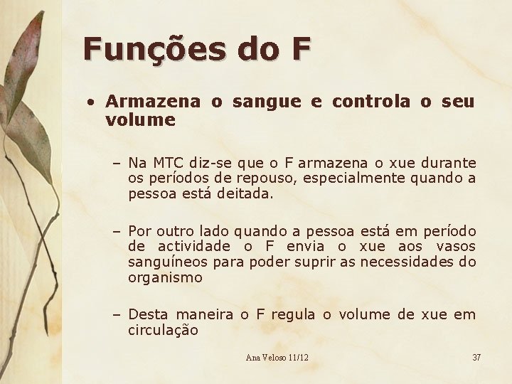 Funções do F • Armazena o sangue e controla o seu volume – Na