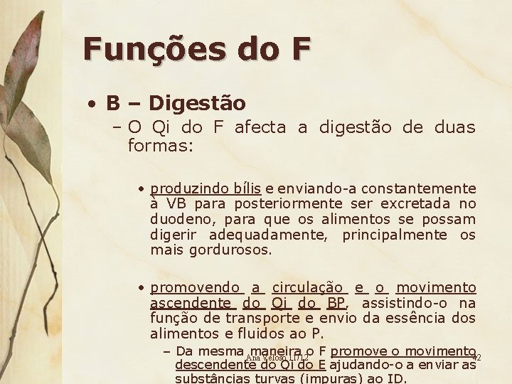 Funções do F • B – Digestão – O Qi do F afecta a