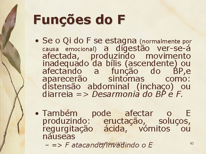 Funções do F • Se o Qi do F se estagna (normalmente por causa