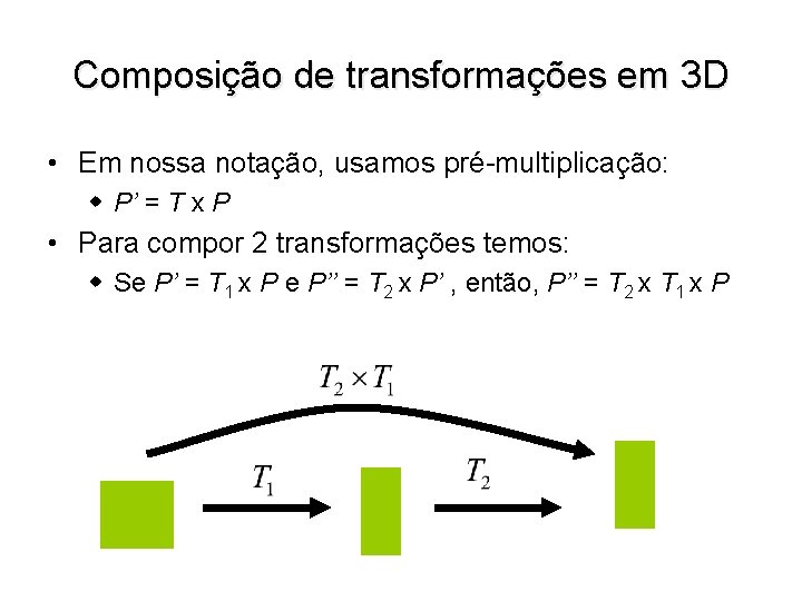 Composição de transformações em 3 D • Em nossa notação, usamos pré-multiplicação: w P’