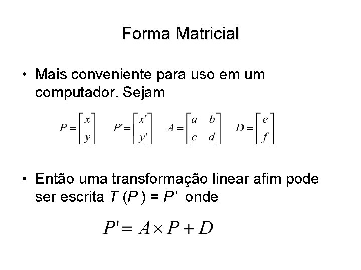 Forma Matricial • Mais conveniente para uso em um computador. Sejam • Então uma