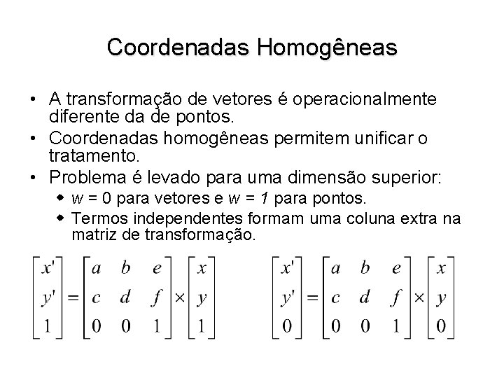 Coordenadas Homogêneas • A transformação de vetores é operacionalmente diferente da de pontos. •