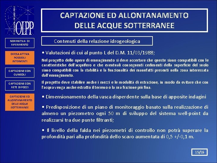 CAPTAZIONE ED ALLONTANAMENTO DELLE ACQUE SOTTERRANEE NORMATIVA DI RIFERIMENTO DIFESA ATTIVA POSSIBILI INTERVENTI CAPTAZIONE