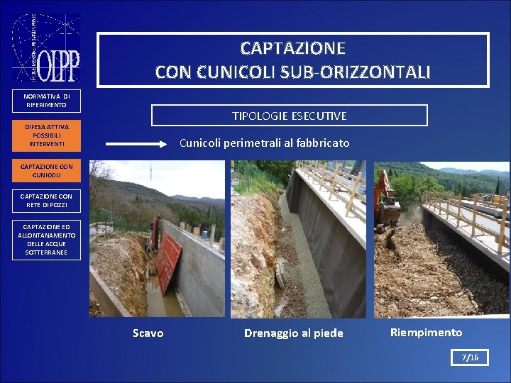 CAPTAZIONE CON CUNICOLI SUB-ORIZZONTALI NORMATIVA DI RIFERIMENTO TIPOLOGIE ESECUTIVE DIFESA ATTIVA POSSIBILI INTERVENTI Cunicoli