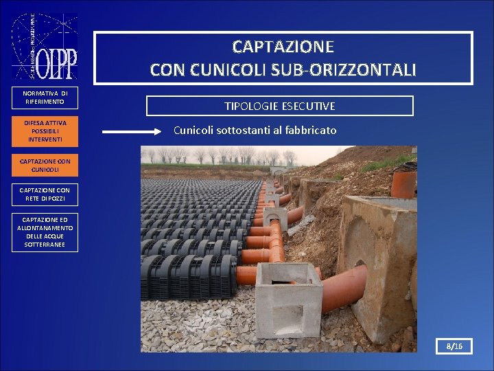 CAPTAZIONE CON CUNICOLI SUB-ORIZZONTALI NORMATIVA DI RIFERIMENTO DIFESA ATTIVA POSSIBILI INTERVENTI TIPOLOGIE ESECUTIVE Cunicoli