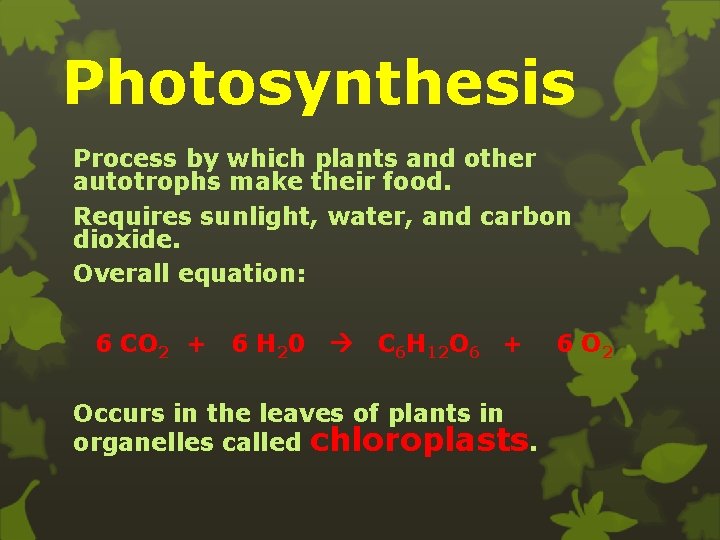 Photosynthesis Process by which plants and other autotrophs make their food. Requires sunlight, water,
