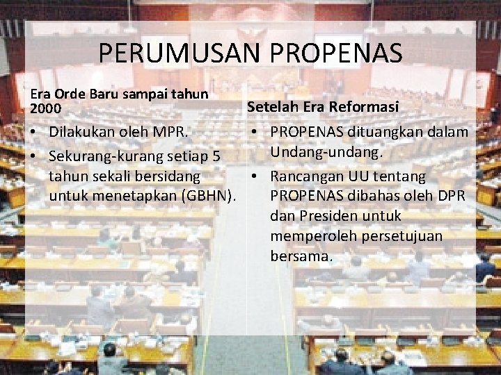 PERUMUSAN PROPENAS Era Orde Baru sampai tahun 2000 Setelah Era Reformasi • Dilakukan oleh