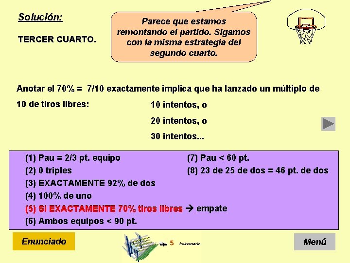 Solución: TERCER CUARTO. Parece que estamos remontando el partido. Sigamos con la misma estrategia