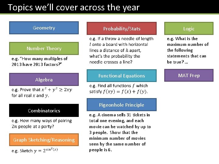 Topics we’ll cover across the year Geometry Probability/Stats e. g. What is the maximum