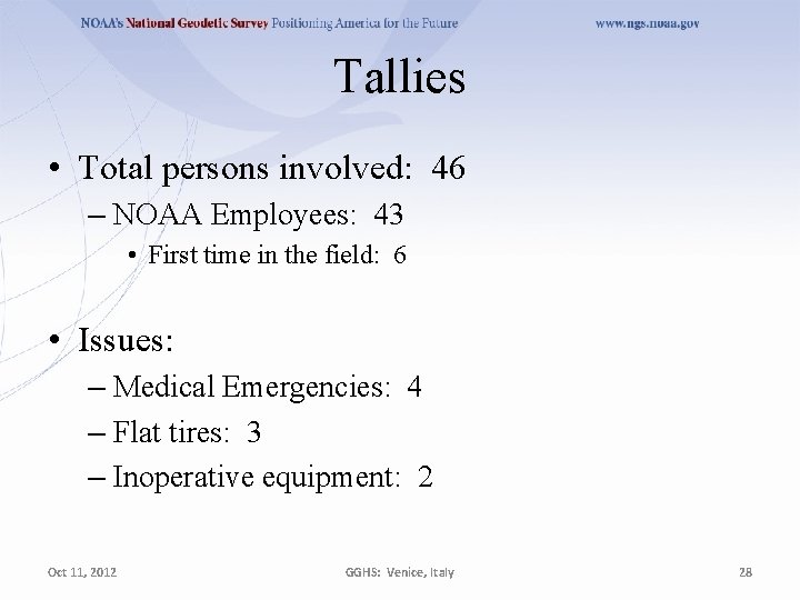 Tallies • Total persons involved: 46 – NOAA Employees: 43 • First time in