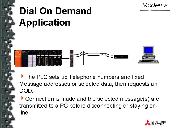 Dial On Demand Application Modems 4 The PLC sets up Telephone numbers and fixed