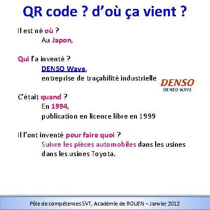 QR code ? d’où ça vient ? Il est né où ? Au Japon,