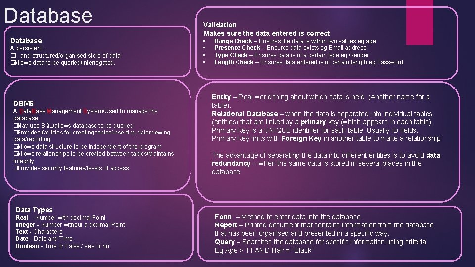 Database A persistent. . . �. . . and structured/organised store of data �Allows