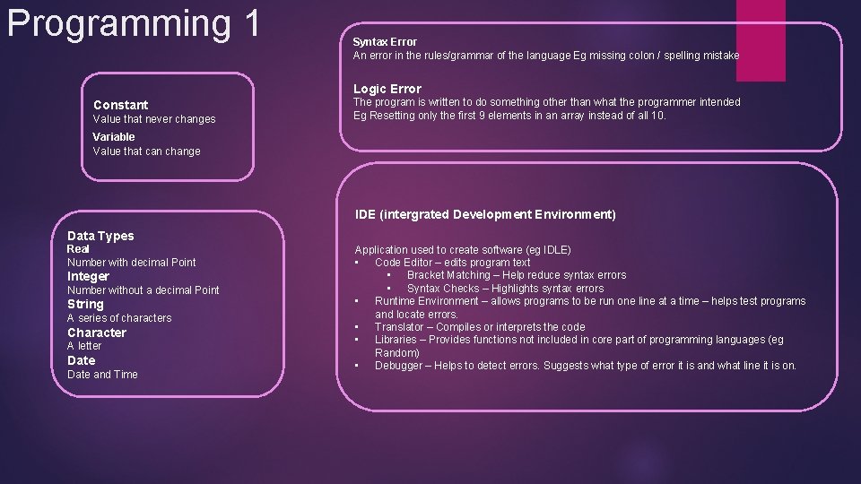 Programming 1 Syntax Error An error in the rules/grammar of the language Eg missing