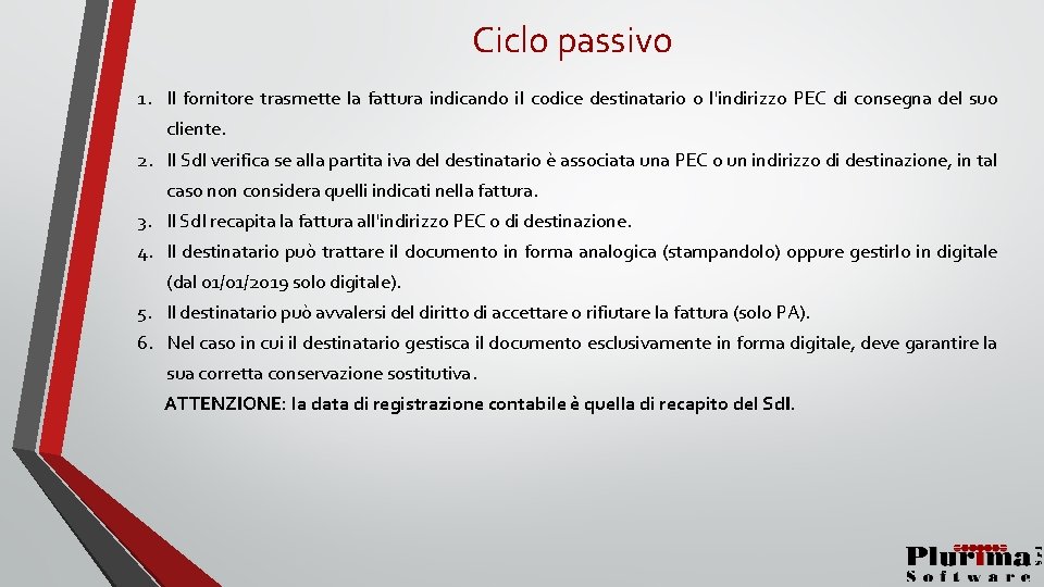 Ciclo passivo 1. Il fornitore trasmette la fattura indicando il codice destinatario o l'indirizzo