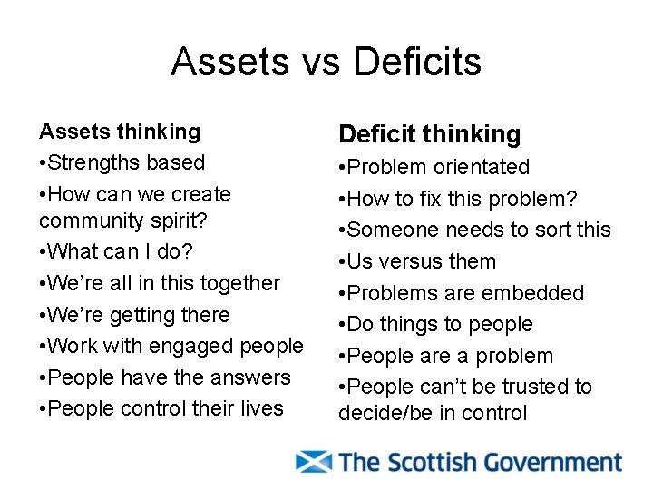 Assets vs Deficits Assets thinking • Strengths based • How can we create community