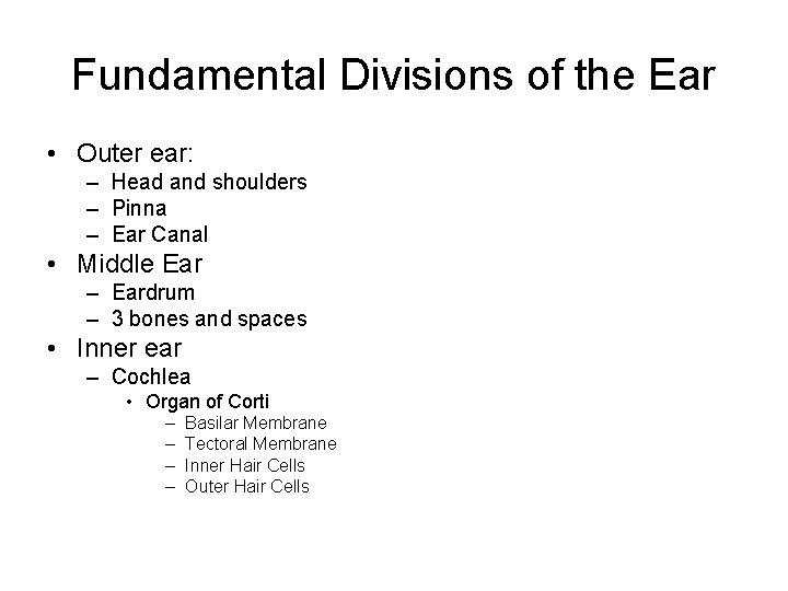 Fundamental Divisions of the Ear • Outer ear: – Head and shoulders – Pinna