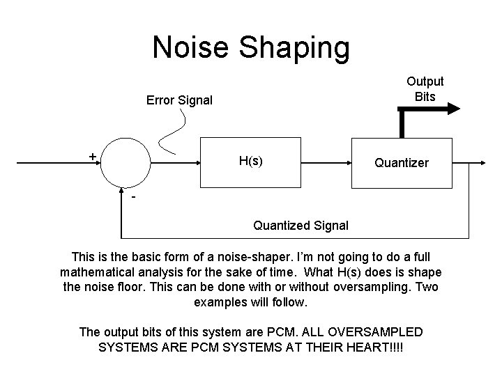 Noise Shaping Output Bits Error Signal + H(s) Quantizer Quantized Signal This is the