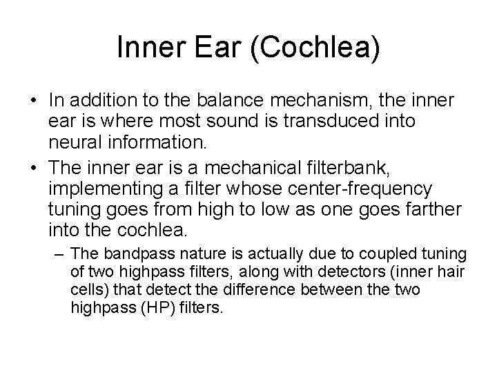 Inner Ear (Cochlea) • In addition to the balance mechanism, the inner ear is